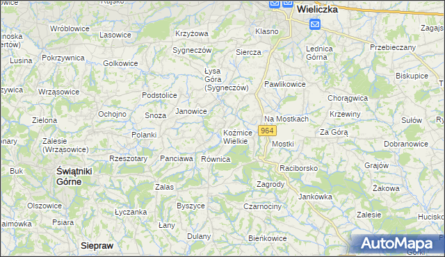 mapa Koźmice Wielkie, Koźmice Wielkie na mapie Targeo