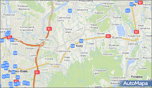 mapa Kozy powiat bielski, Kozy powiat bielski na mapie Targeo