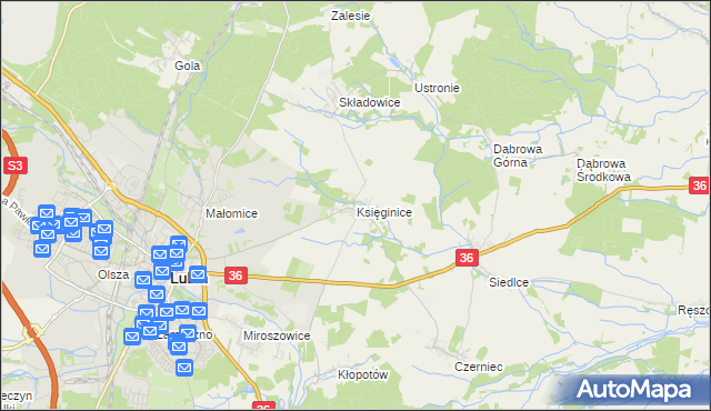 mapa Księginice gmina Lubin, Księginice gmina Lubin na mapie Targeo