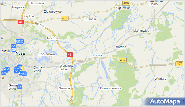 mapa Kubice gmina Nysa, Kubice gmina Nysa na mapie Targeo