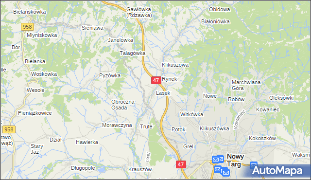 mapa Lasek gmina Nowy Targ, Lasek gmina Nowy Targ na mapie Targeo