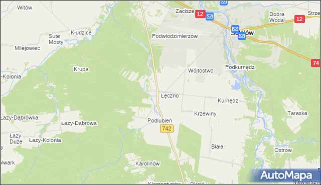 mapa Łęczno gmina Sulejów, Łęczno gmina Sulejów na mapie Targeo