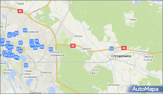mapa Lędziny gmina Chrząstowice, Lędziny gmina Chrząstowice na mapie Targeo