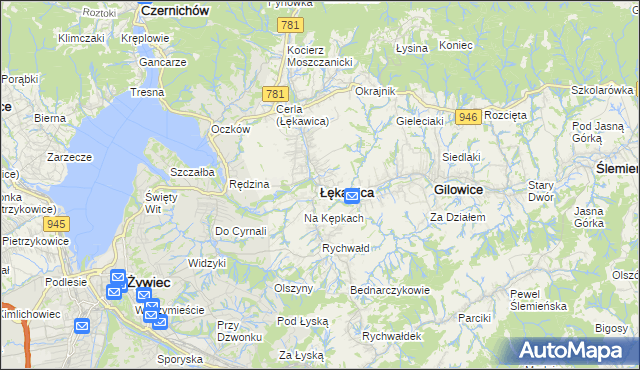 mapa Łękawica powiat żywiecki, Łękawica powiat żywiecki na mapie Targeo