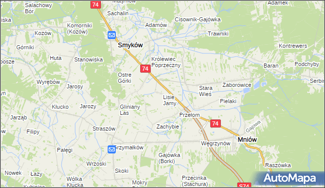 mapa Lisie Jamy gmina Mniów, Lisie Jamy gmina Mniów na mapie Targeo