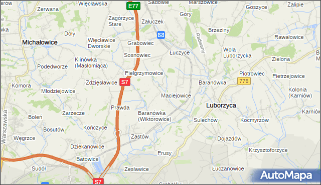 mapa Maciejowice gmina Kocmyrzów-Luborzyca, Maciejowice gmina Kocmyrzów-Luborzyca na mapie Targeo
