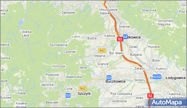 mapa Meszna gmina Wilkowice, Meszna gmina Wilkowice na mapie Targeo