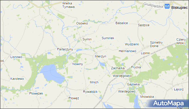 mapa Mierzyn gmina Biskupiec, Mierzyn gmina Biskupiec na mapie Targeo