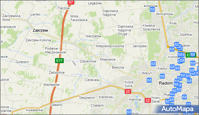 mapa Milejowice gmina Zakrzew, Milejowice gmina Zakrzew na mapie Targeo