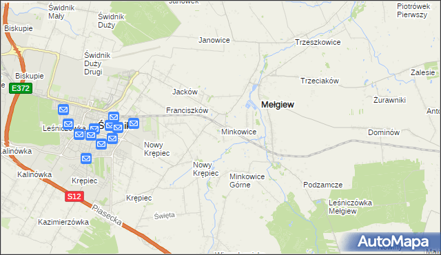 mapa Minkowice gmina Mełgiew, Minkowice gmina Mełgiew na mapie Targeo