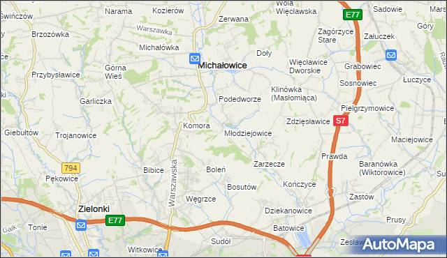 mapa Młodziejowice gmina Michałowice, Młodziejowice gmina Michałowice na mapie Targeo