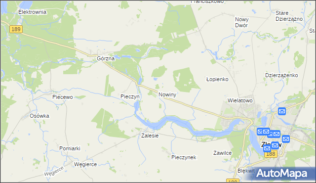 mapa Nowiny gmina Złotów, Nowiny gmina Złotów na mapie Targeo
