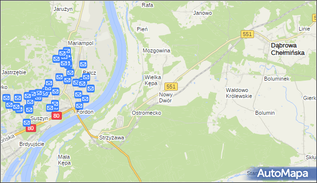 mapa Nowy Dwór gmina Dąbrowa Chełmińska, Nowy Dwór gmina Dąbrowa Chełmińska na mapie Targeo