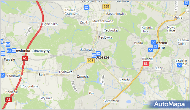 mapa Orzesze powiat mikołowski, Orzesze powiat mikołowski na mapie Targeo