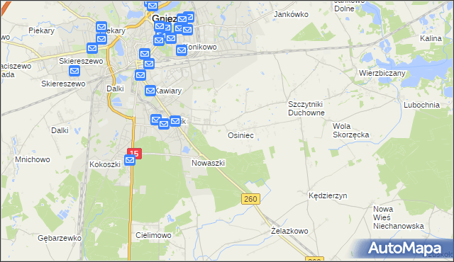 mapa Osiniec gmina Gniezno, Osiniec gmina Gniezno na mapie Targeo