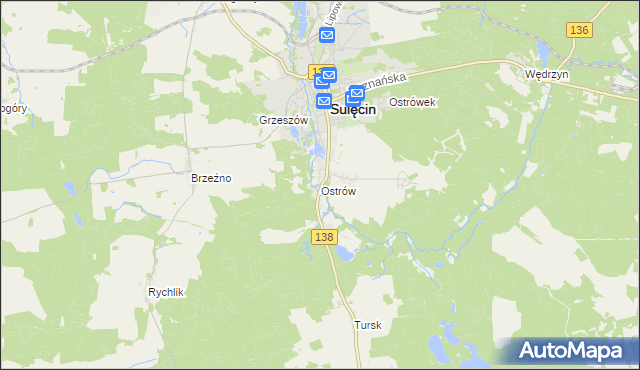 mapa Ostrów gmina Sulęcin, Ostrów gmina Sulęcin na mapie Targeo