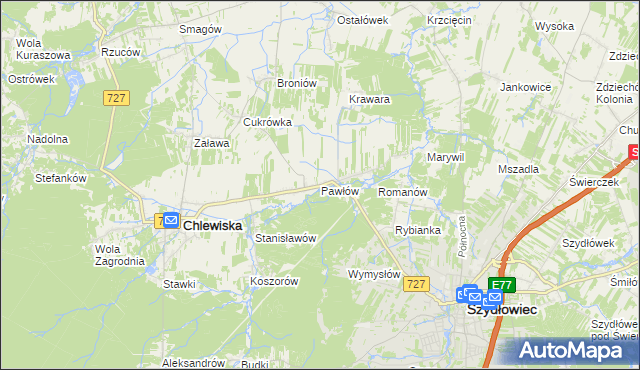 mapa Pawłów gmina Chlewiska, Pawłów gmina Chlewiska na mapie Targeo