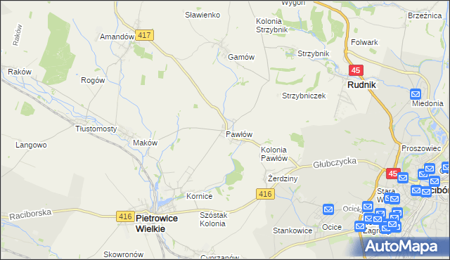 mapa Pawłów gmina Pietrowice Wielkie, Pawłów gmina Pietrowice Wielkie na mapie Targeo