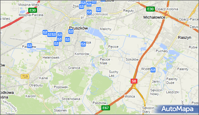 mapa Pęcice Małe, Pęcice Małe na mapie Targeo