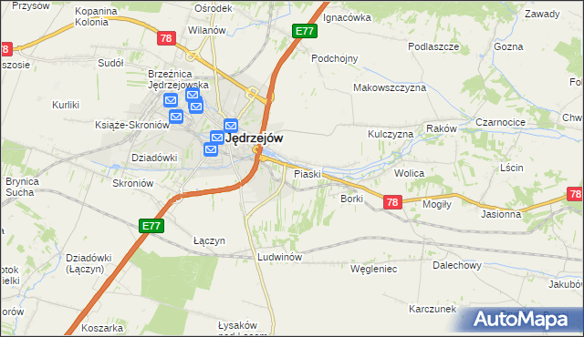 mapa Piaski gmina Jędrzejów, Piaski gmina Jędrzejów na mapie Targeo