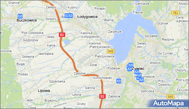 mapa Pietrzykowice gmina Łodygowice, Pietrzykowice gmina Łodygowice na mapie Targeo