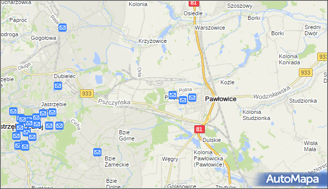 mapa Pniówek gmina Pawłowice, Pniówek gmina Pawłowice na mapie Targeo
