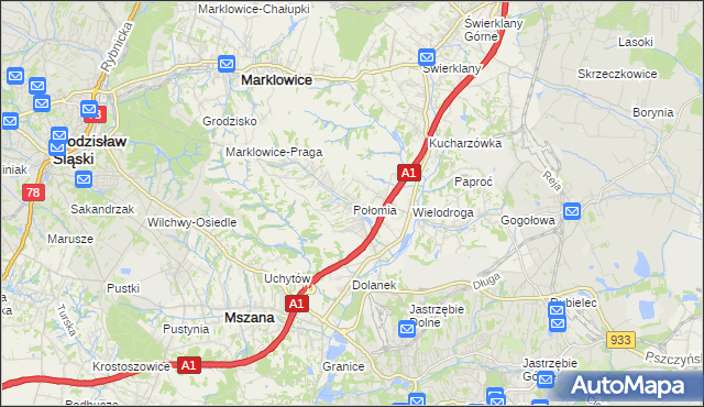 mapa Połomia gmina Mszana, Połomia gmina Mszana na mapie Targeo