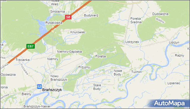 mapa Poręba gmina Brańszczyk, Poręba gmina Brańszczyk na mapie Targeo