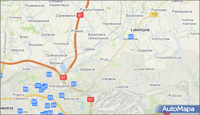 mapa Prusy gmina Kocmyrzów-Luborzyca, Prusy gmina Kocmyrzów-Luborzyca na mapie Targeo