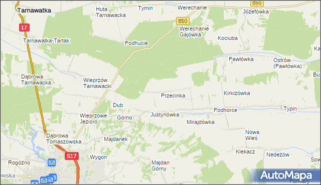 mapa Przecinka gmina Tomaszów Lubelski, Przecinka gmina Tomaszów Lubelski na mapie Targeo