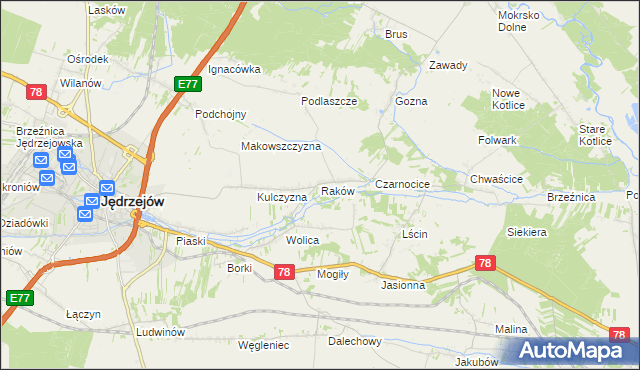 mapa Raków gmina Jędrzejów, Raków gmina Jędrzejów na mapie Targeo