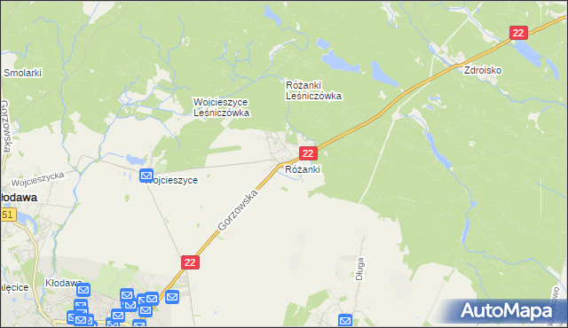 mapa Różanki gmina Kłodawa, Różanki gmina Kłodawa na mapie Targeo