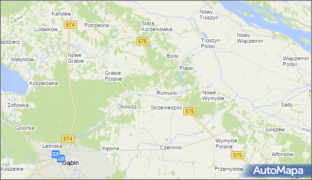 mapa Rumunki gmina Gąbin, Rumunki gmina Gąbin na mapie Targeo