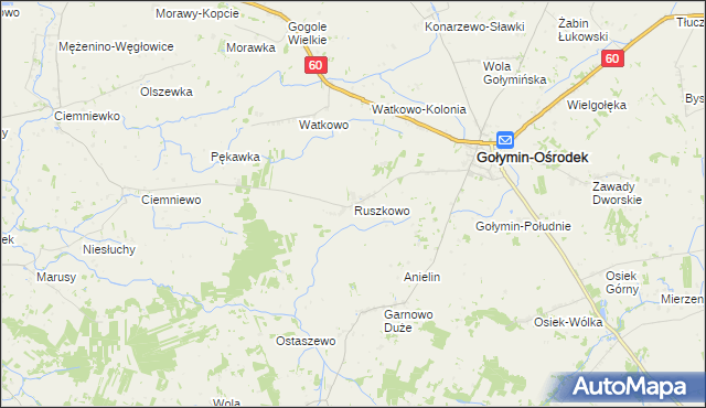 mapa Ruszkowo gmina Gołymin-Ośrodek, Ruszkowo gmina Gołymin-Ośrodek na mapie Targeo