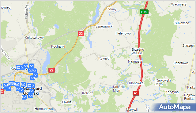 mapa Rywałd gmina Starogard Gdański, Rywałd gmina Starogard Gdański na mapie Targeo