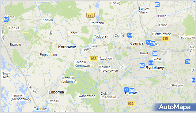 mapa Rzuchów gmina Kornowac, Rzuchów gmina Kornowac na mapie Targeo