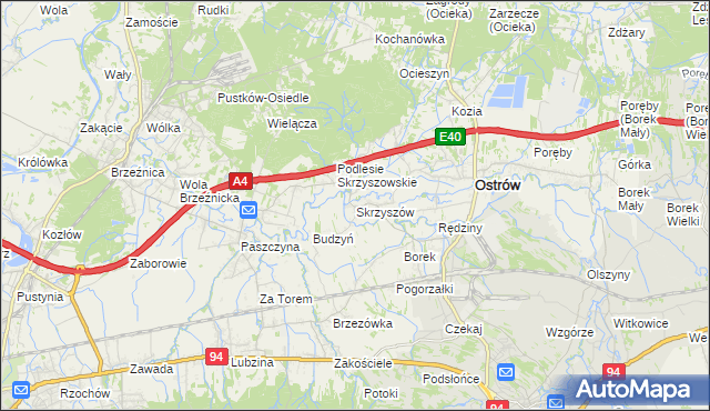 mapa Skrzyszów gmina Ostrów, Skrzyszów gmina Ostrów na mapie Targeo