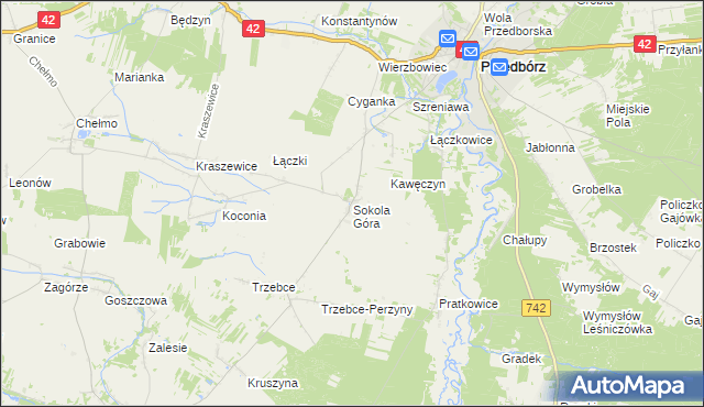 mapa Sokola Góra gmina Wielgomłyny, Sokola Góra gmina Wielgomłyny na mapie Targeo