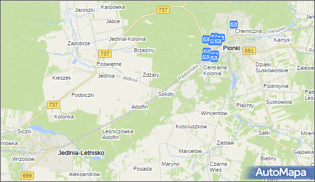 mapa Sokoły gmina Pionki, Sokoły gmina Pionki na mapie Targeo