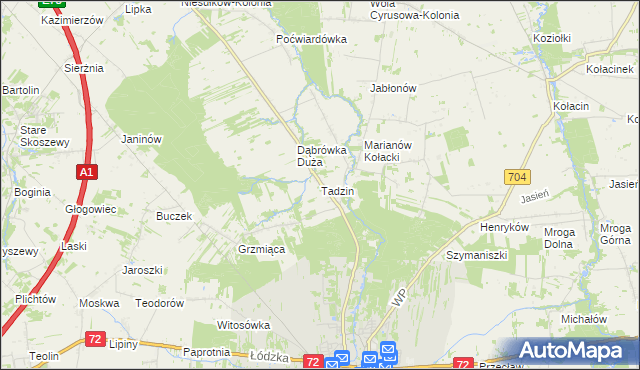 mapa Tadzin gmina Brzeziny, Tadzin gmina Brzeziny na mapie Targeo