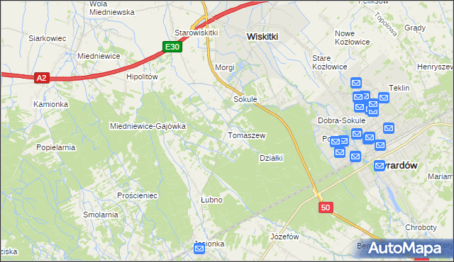 mapa Tomaszew gmina Wiskitki, Tomaszew gmina Wiskitki na mapie Targeo