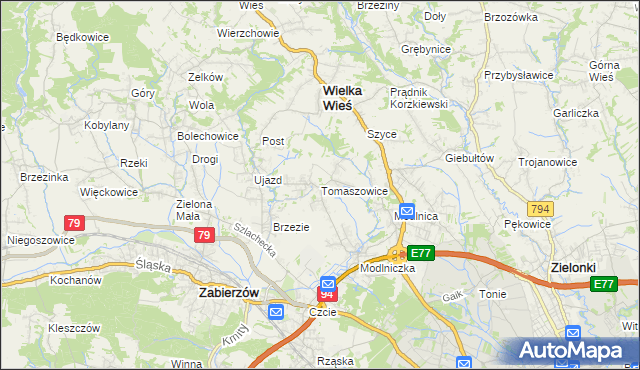mapa Tomaszowice gmina Wielka Wieś, Tomaszowice gmina Wielka Wieś na mapie Targeo
