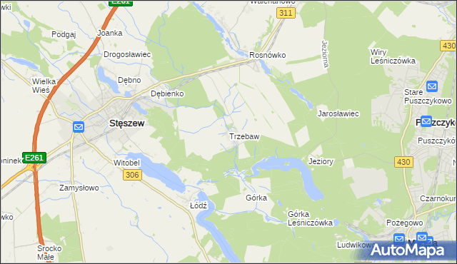 mapa Trzebaw gmina Stęszew, Trzebaw gmina Stęszew na mapie Targeo