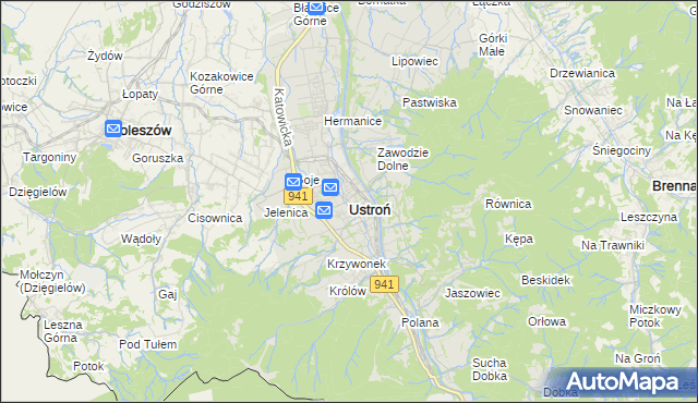 mapa Ustroń powiat cieszyński, Ustroń powiat cieszyński na mapie Targeo