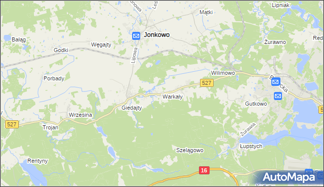 mapa Warkały gmina Jonkowo, Warkały gmina Jonkowo na mapie Targeo