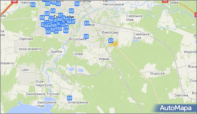 mapa Wąwał gmina Tomaszów Mazowiecki, Wąwał gmina Tomaszów Mazowiecki na mapie Targeo