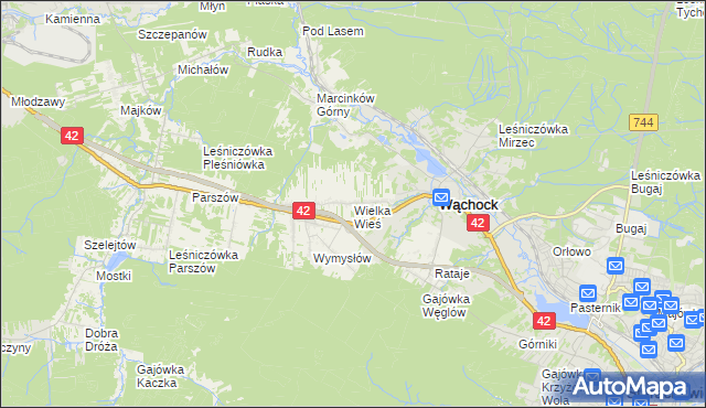 mapa Wielka Wieś gmina Wąchock, Wielka Wieś gmina Wąchock na mapie Targeo