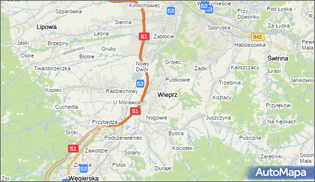 mapa Wieprz gmina Radziechowy-Wieprz, Wieprz gmina Radziechowy-Wieprz na mapie Targeo