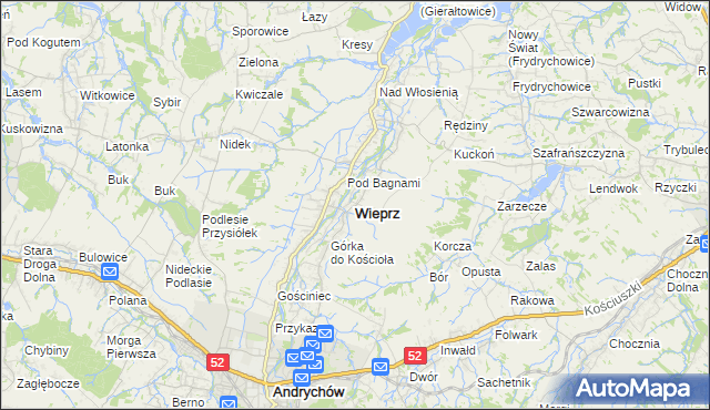 mapa Wieprz powiat wadowicki, Wieprz powiat wadowicki na mapie Targeo