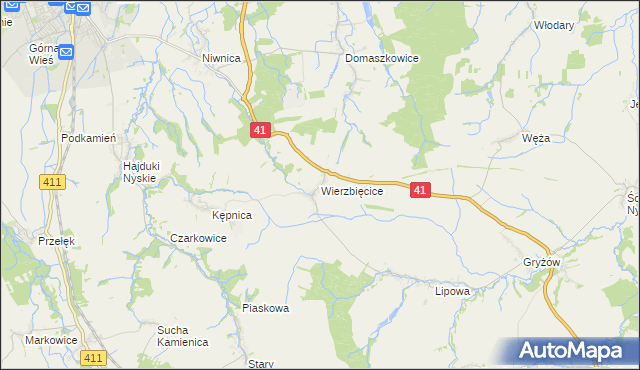 mapa Wierzbięcice gmina Nysa, Wierzbięcice gmina Nysa na mapie Targeo